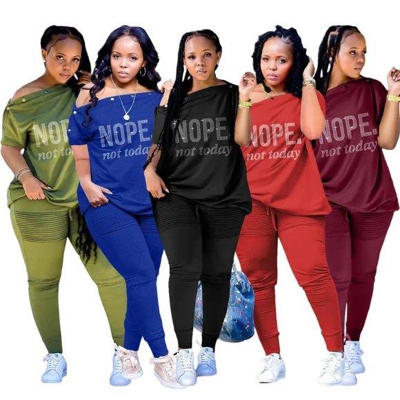 Women Diamond Letter Breasted One-Word Collar Loose Two-Piece Set - Picture 1 of 13